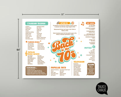 Back to the 70s Printable Placemat, Digital Download, Fun Facts 1970s, Groovy Seventies Theme Party Decor