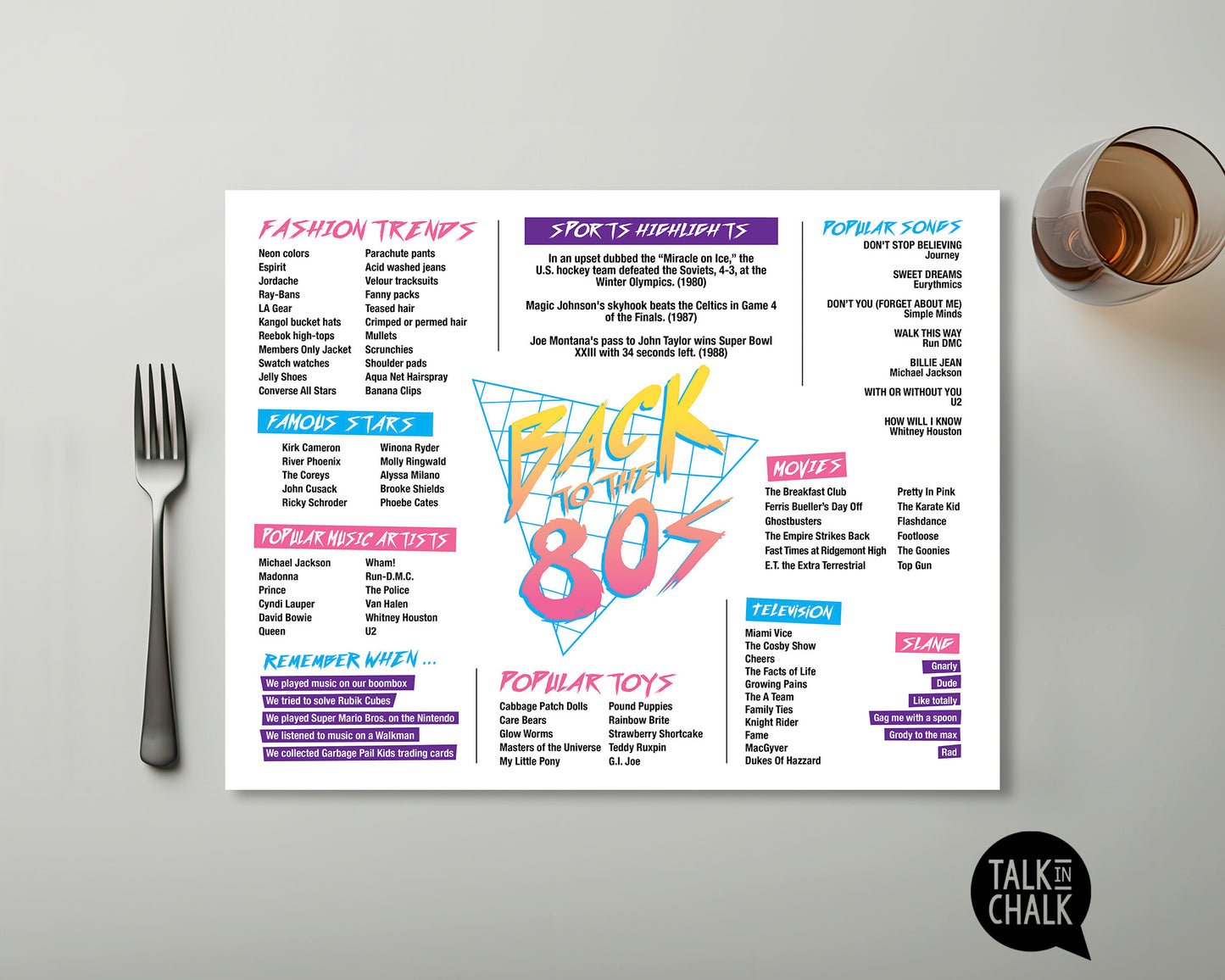 Back to the 80s Printable Placemat, Digital Download, Fun Facts 1980s, Rad Eighties Theme Party Decor
