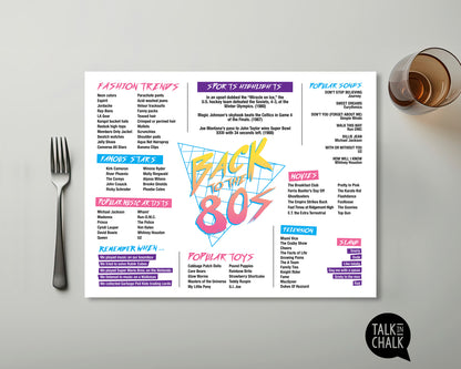 Back to the 80s Printable Placemat, Digital Download, Fun Facts 1980s, Rad Eighties Theme Party Decor