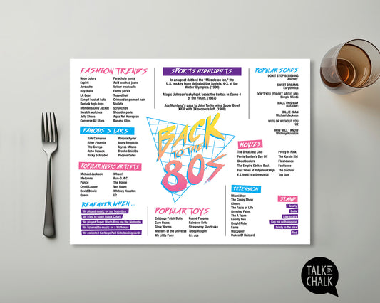 Back to the 80s Printable Placemat, Digital Download, Fun Facts 1980s, Rad Eighties Theme Party Decor