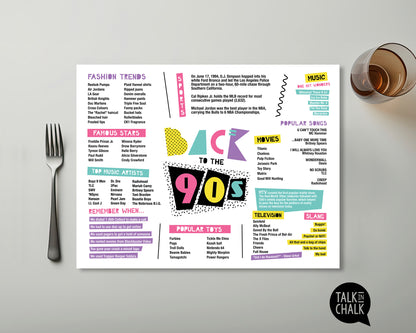 Back to the 90s Printable Placemat, Digital Download, Fun Facts 1990s, Nineties Theme Party Decor