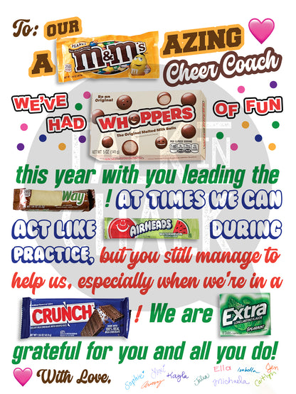 Cheer Coach Candy Gram PRINTABLE, 18x24 Poster Size, Cheer Coach Gift, End of the Season