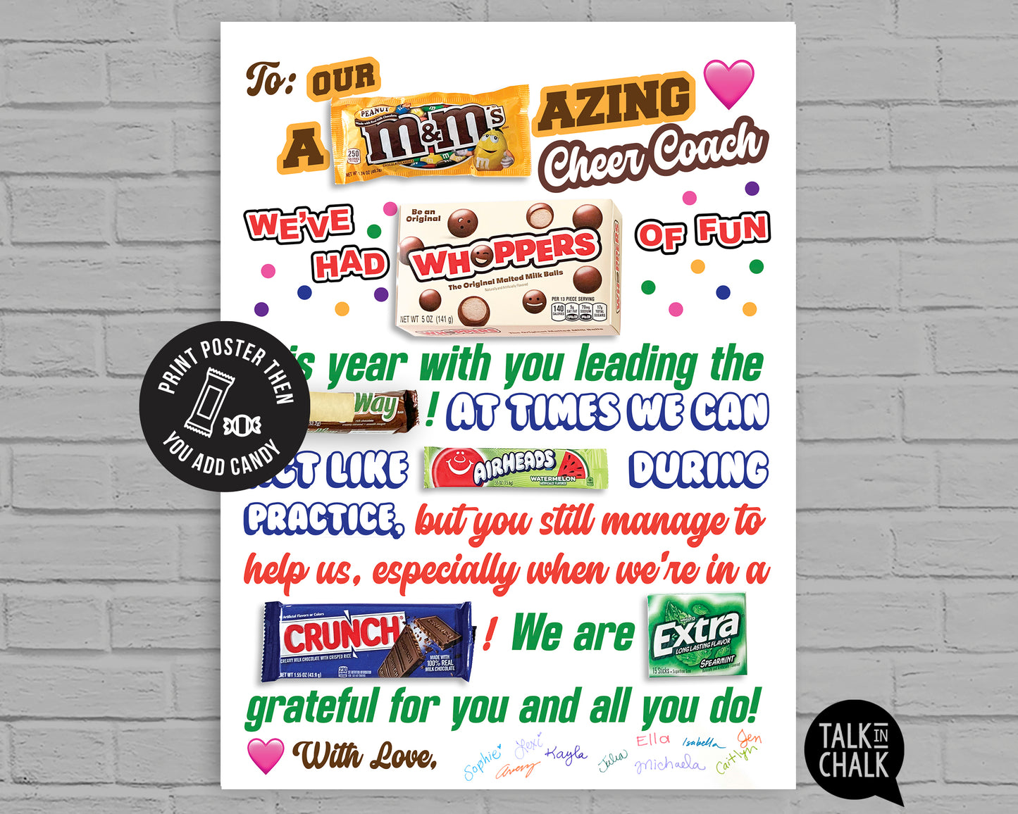 Cheer Coach Candy Gram PRINTABLE, 18x24 Poster Size, Cheer Coach Gift, End of the Season