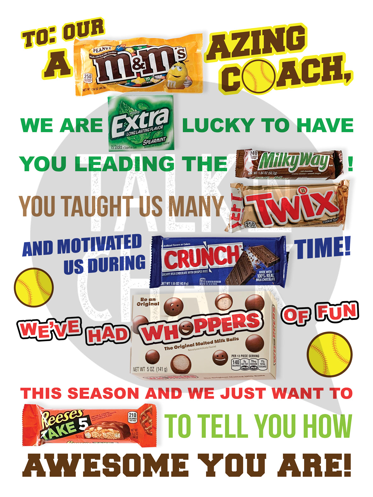 Softball Coach Candy Gram PRINTABLE, 18x24 Poster Size, Softball Coach Gift, End of the Season