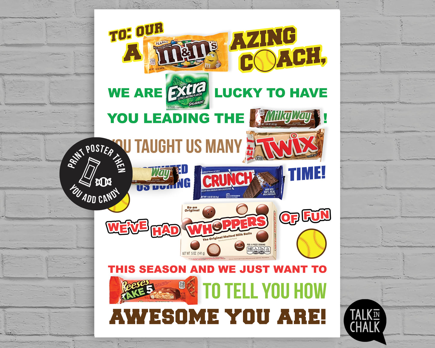 Softball Coach Candy Gram PRINTABLE, 18x24 Poster Size, Softball Coach Gift, End of the Season