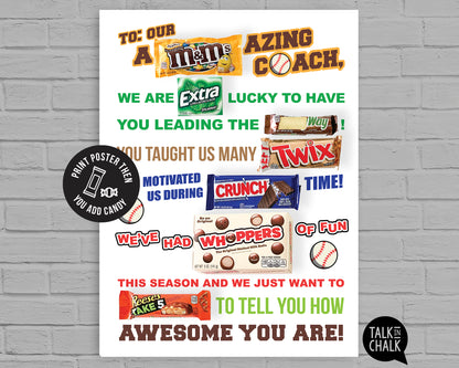 Baseball Coach Candy Gram PRINTABLE, 18x24 Poster Size, Baseball Coach Gift, End of the Season