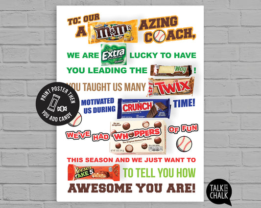 Baseball Coach Candy Gram PRINTABLE, 18x24 Poster Size, Baseball Coach Gift, End of the Season