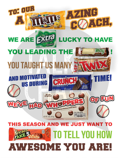 Baseball Coach Candy Gram PRINTABLE, 18x24 Poster Size, Baseball Coach Gift, End of the Season