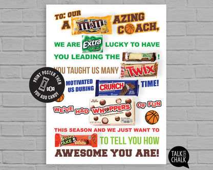 Basketball Coach Candy Gram PRINTABLE, 18x24 Poster Size, Basketball Coach Gift, End of the Season