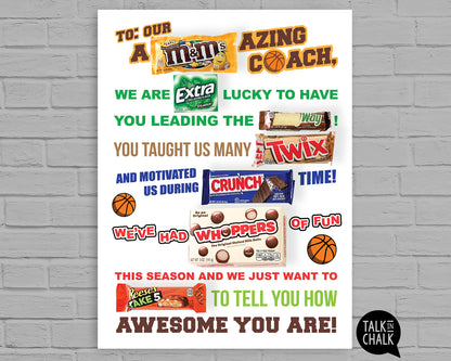 Basketball Coach Candy Gram PRINTABLE, 18x24 Poster Size, Basketball Coach Gift, End of the Season