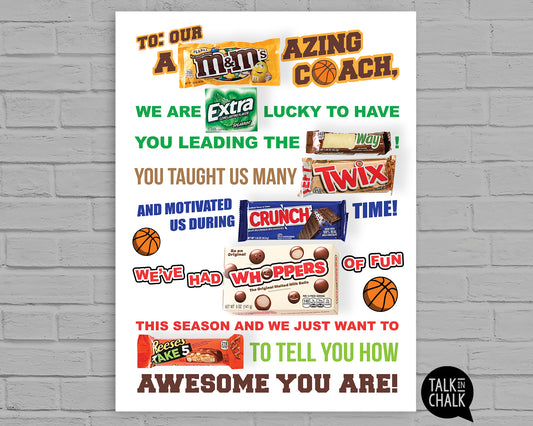 Basketball Coach Candy Gram PRINTABLE, 18x24 Poster Size, Basketball Coach Gift, End of the Season