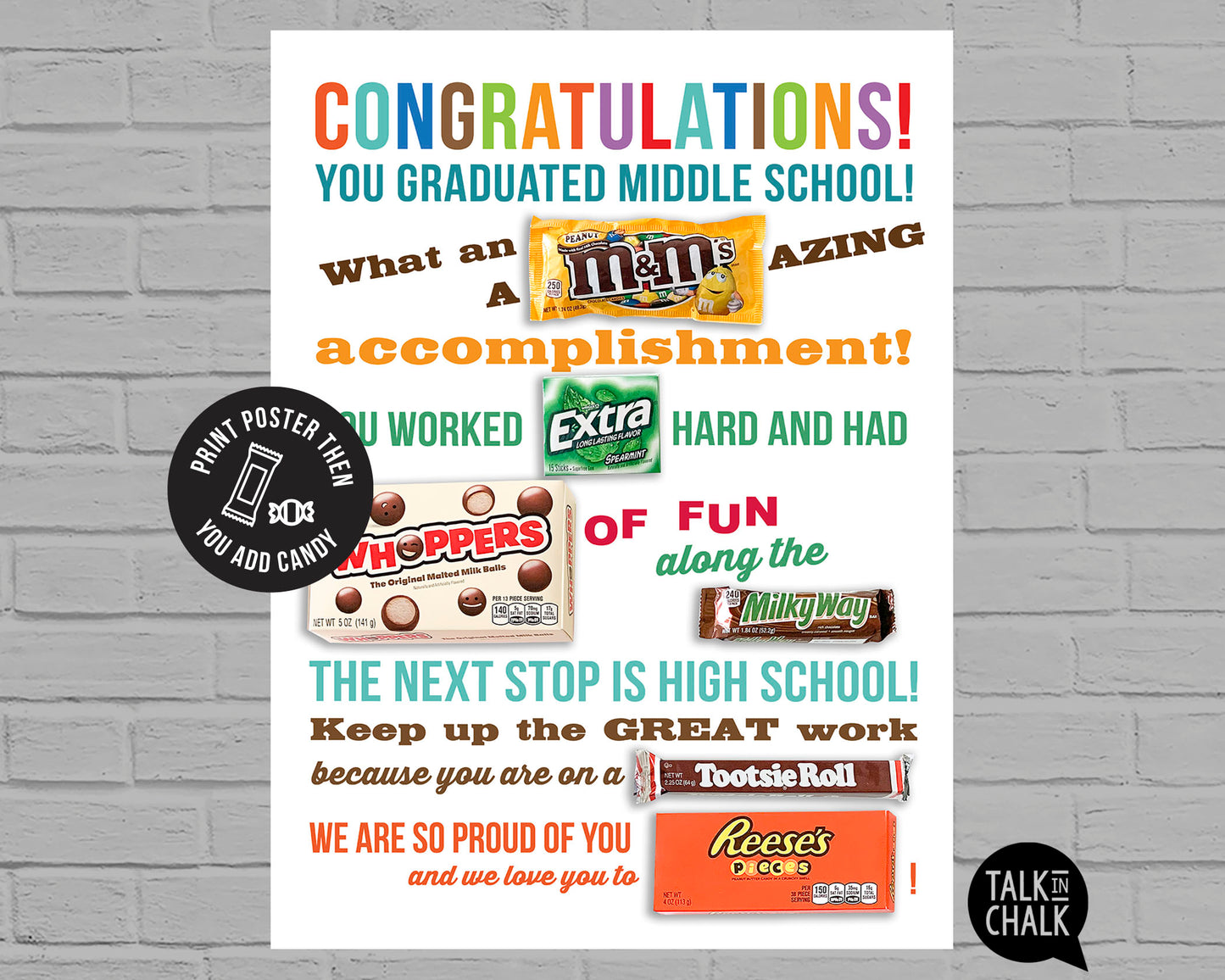 Congrats Middle School GRAD Candy Gram PRINTABLE 18x24 Poster, DIY Card for Son/Daughter