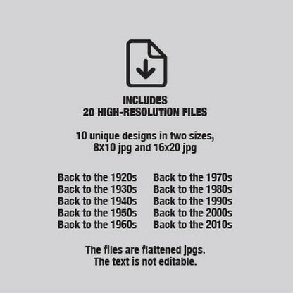 Through the Decades Printable Bundle - 1920s to 2010s posters, for milestone birthdays, decade parties