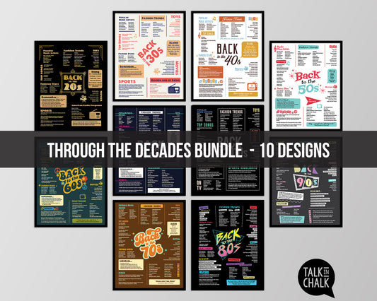 Through the Decades Printable Bundle - 1920s to 2010s posters, for milestone birthdays, decade parties