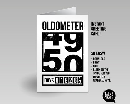 Funny 50th Birthday Printable Greeting Card, Oldometer Turning 50
