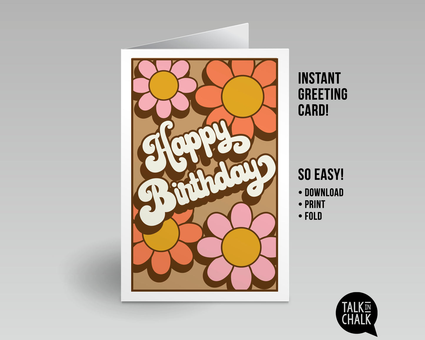 Groovy Retro Flower Power Birthday Card - Printable Digital Download