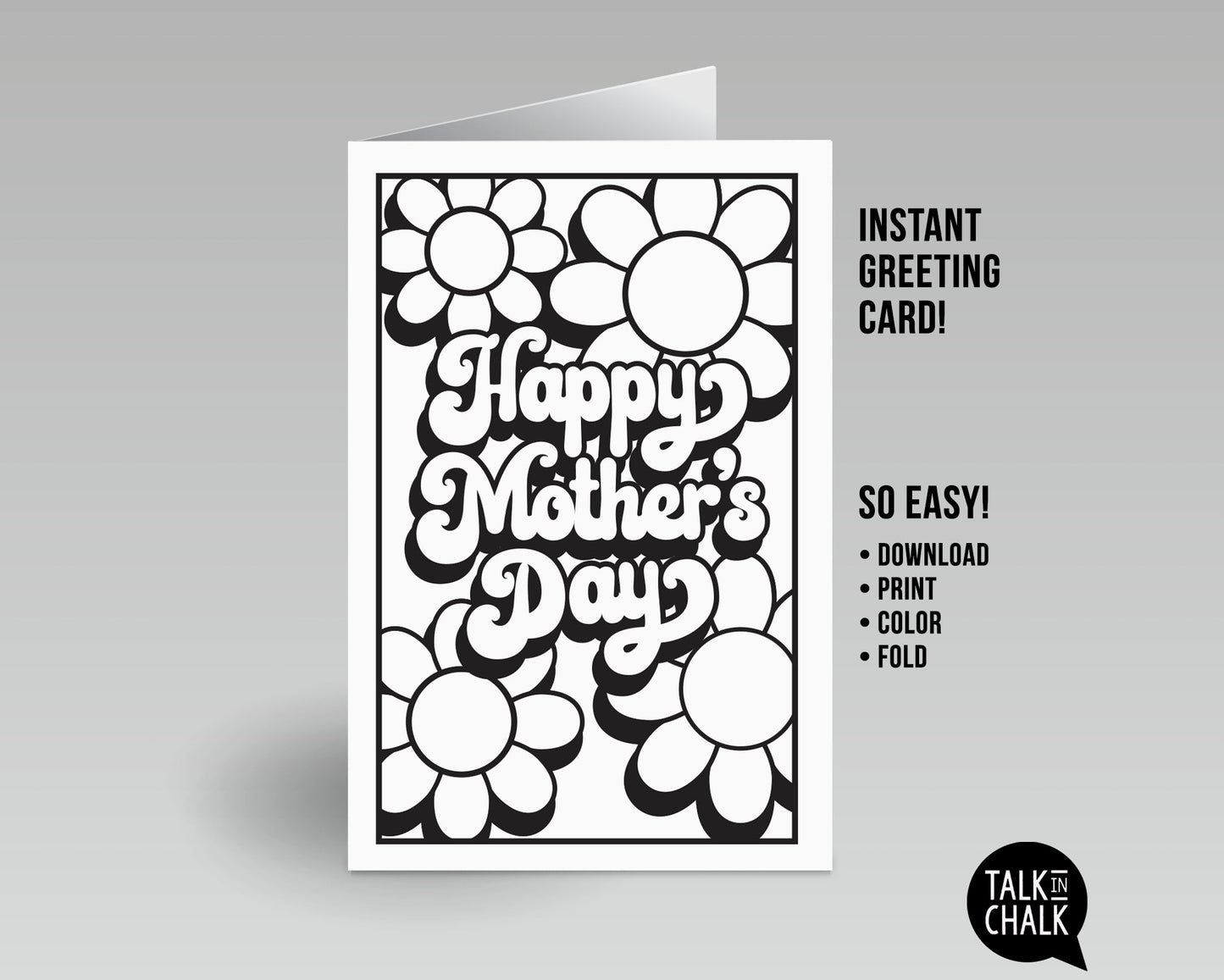 Groovy Happy Mother's Day Printable Card, DIY Coloring, Retro Flower Power Greeting Card, Easy to Print