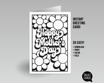 Groovy Happy Mother's Day Printable Card, DIY Coloring, Retro Flower Power Greeting Card, Easy to Print