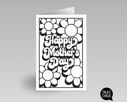 Groovy Happy Mother's Day Printable Card, DIY Coloring, Retro Flower Power Greeting Card, Easy to Print