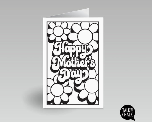 Groovy Happy Mother's Day Printable Card, DIY Coloring, Retro Flower Power Greeting Card, Easy to Print
