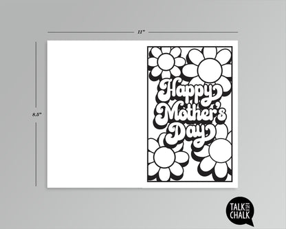 Groovy Happy Mother's Day Printable Card, DIY Coloring, Retro Flower Power Greeting Card, Easy to Print