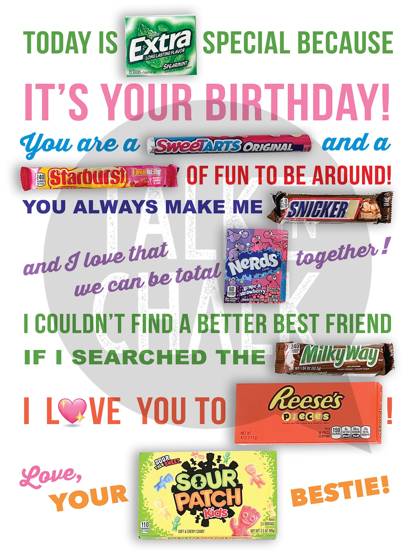 Happy Birthday Best Friend Candy Gram PRINTABLE Poster, Fun Birthday Gift Idea for Bestie