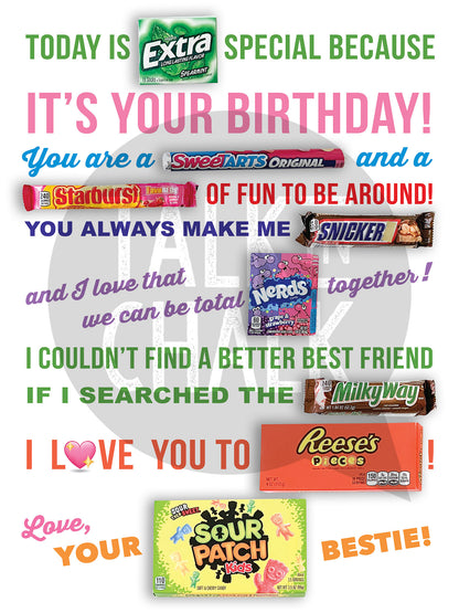Happy Birthday Best Friend Candy Gram PRINTABLE Poster, Fun Birthday Gift Idea for Bestie