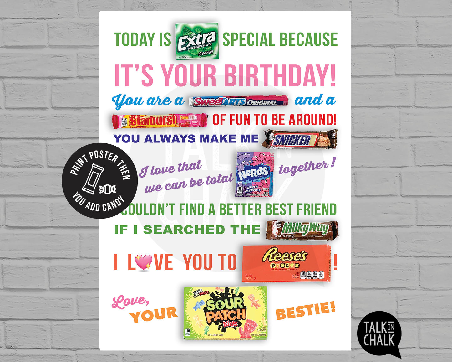 Happy Birthday Best Friend Candy Gram PRINTABLE Poster, Fun Birthday Gift Idea for Bestie