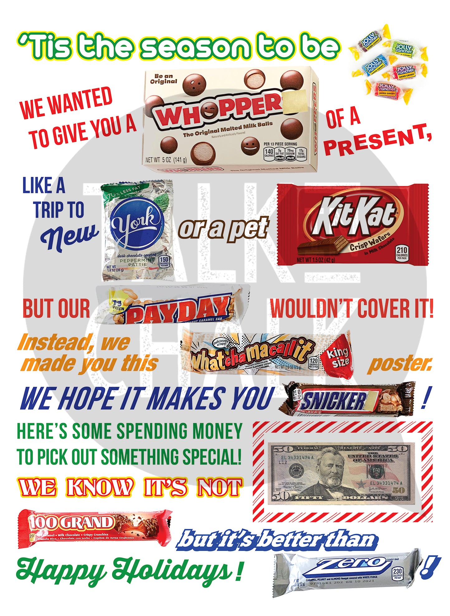 Funny Holiday Candy Gram PRINTABLE, 18x24 Poster Size | DIY Candy Board for Christmas, Gift Cash Ideas