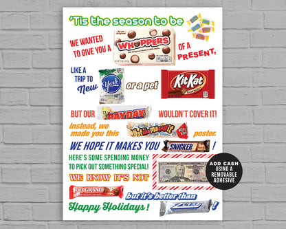 Funny Holiday Candy Gram PRINTABLE, 18x24 Poster Size | DIY Candy Board for Christmas, Gift Cash Ideas
