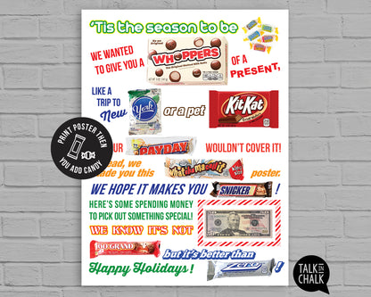 Funny Holiday Candy Gram PRINTABLE, 18x24 Poster Size | DIY Candy Board for Christmas, Gift Cash Ideas