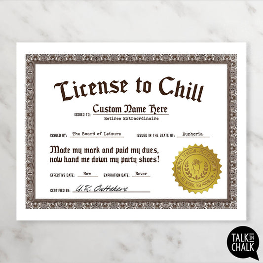 License to Chill Printable, Funny Retirement Certificate, Gag Gift for Retiree