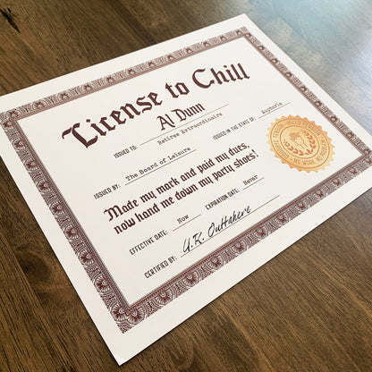 License to Chill Printable, Funny Retirement Certificate, Gag Gift for Retiree