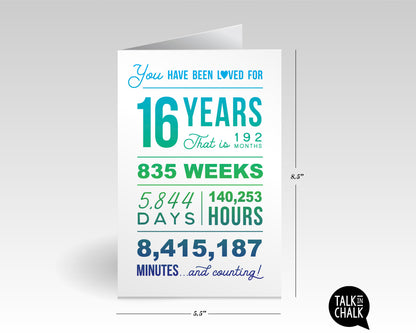 You Have Been Loved 16 Years Printable Greeting Card , Sweet 16 Birthday Card