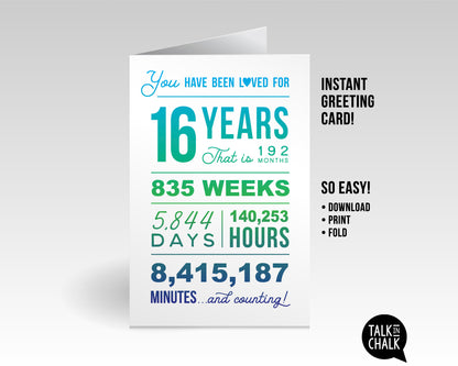 You Have Been Loved 16 Years Printable Greeting Card , Sweet 16 Birthday Card