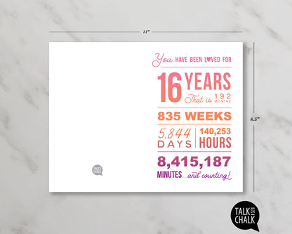 You Have Been Loved 16 Years PRINTABLE Greeting Card , Sweet 16 Pink Ombre Birthday Card, Easy to Print