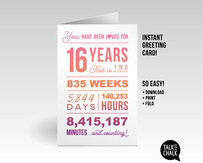 You Have Been Loved 16 Years PRINTABLE Greeting Card , Sweet 16 Pink Ombre Birthday Card, Easy to Print