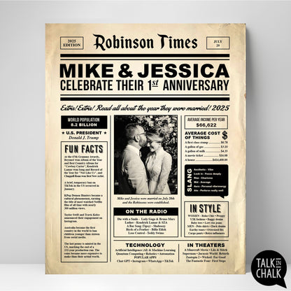 Custom 1st Anniversary Newspaper Printable, First Year Anniversary Gift