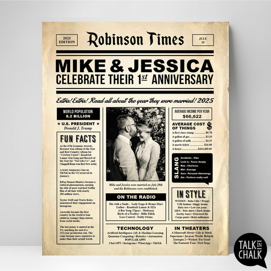 Custom 1st Anniversary Newspaper Printable, First Year Anniversary Gift
