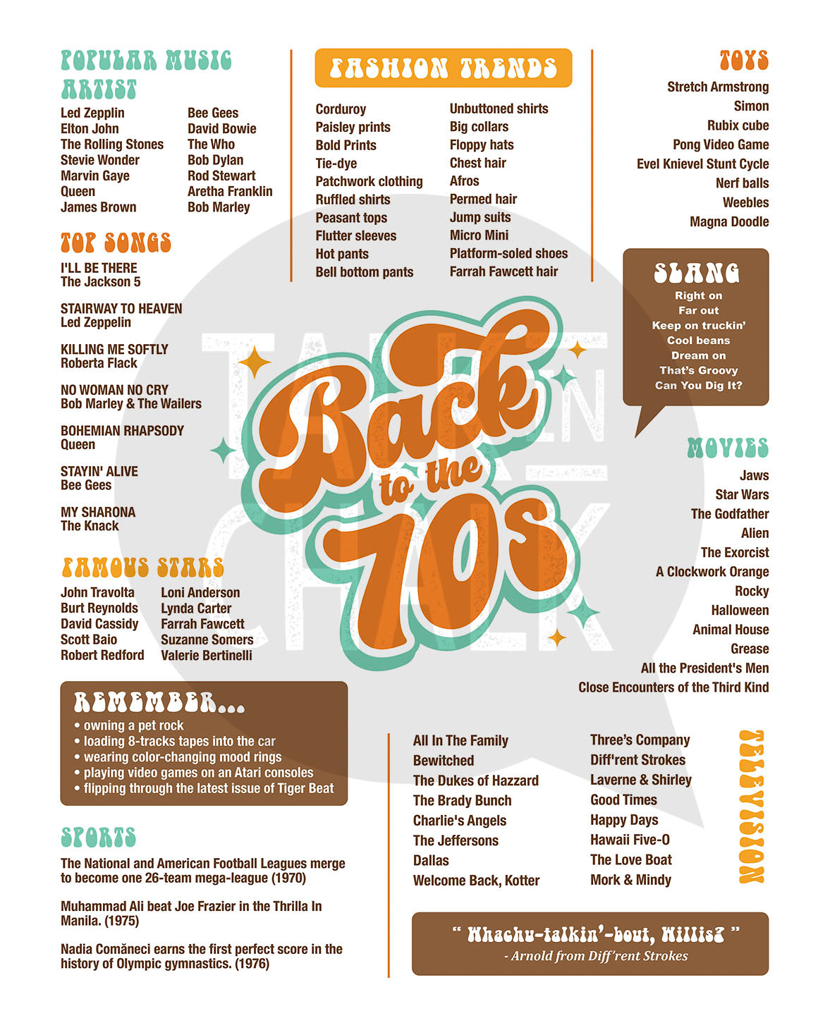 Back to the 70s Printable Poster, Printer-friendly Seventies themed Party Decor