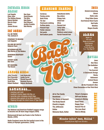 Back to the 70s Printable Poster, Printer-friendly Seventies themed Party Decor