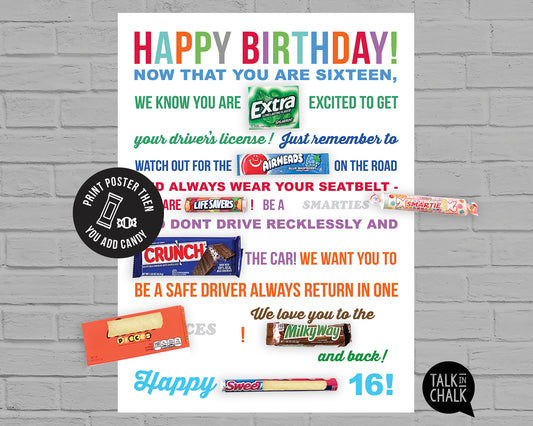 Sweet 16 Candy Gram PRINTABLE Poster | DIY 16th Birthday Candy Poster for Son, Daughter