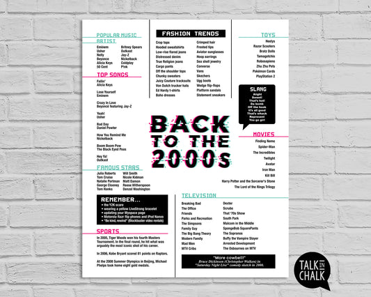 Back to the 2000s Printable Poster, Printer-friendly Y2K themed Party Decor, 20 Year Reunion