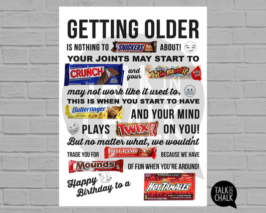 Getting Older Candy Gram Printable, DIY Birthday Card Poster, Over the Hill Birthday Candygram